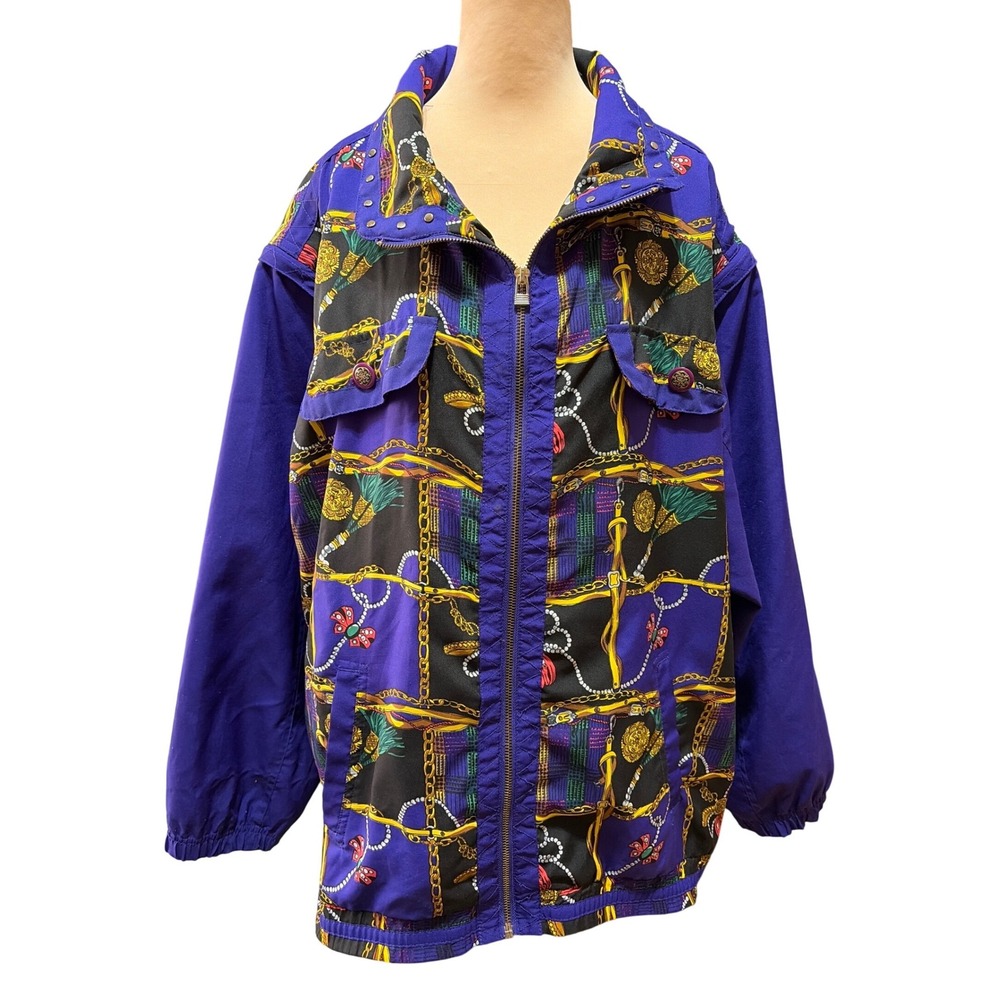 VTG Mureli Purple Equestrian Chain Print Convertible Jacket 2X Detachable Sleeve